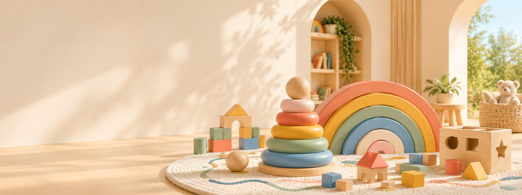 Mouj wooden toys in a sunlit play room